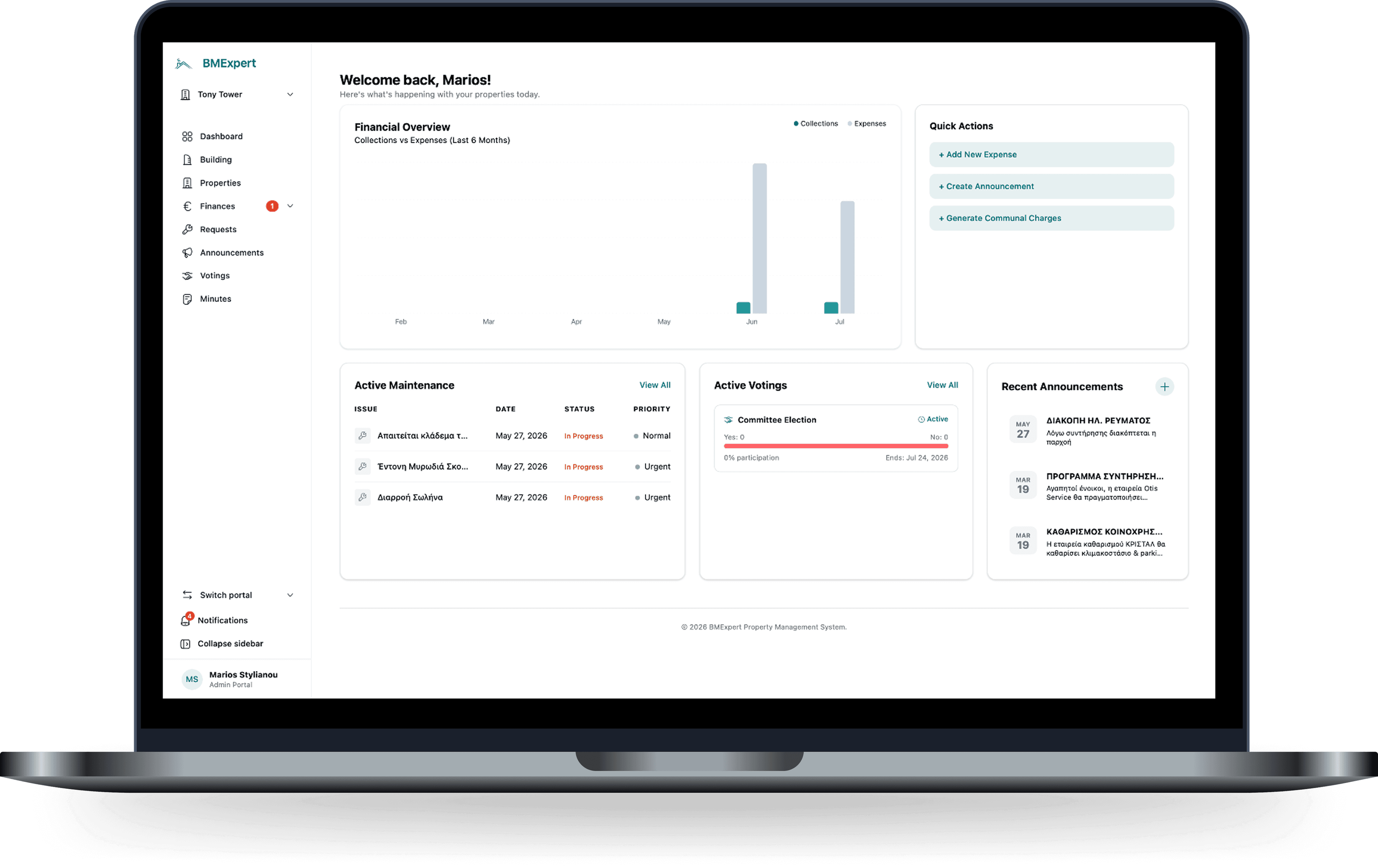 The BMExpert admin dashboard, showing financial overview, active maintenance, and votes for a building.